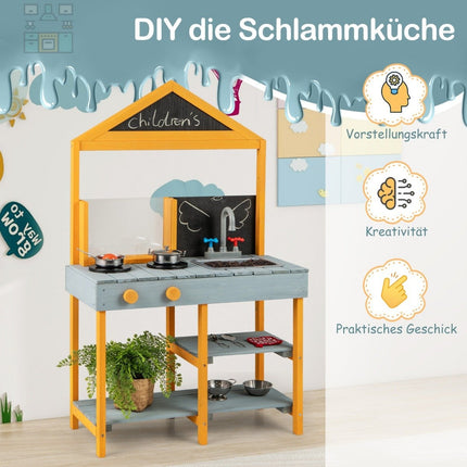 Matschküche für Kinder, Outdoor-Kinderküche aus Tannenholz mit Pflanzkübel, 2 Tafeln und blauem Wasserhahn.