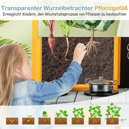 Matschküche für Kinder, Outdoor-Kinderküche aus Tannenholz mit Pflanzkübel, 2 Tafeln und blauem Wasserhahn.