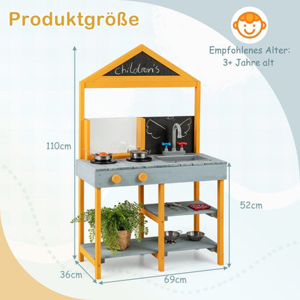 Matschküche für Kinder, Outdoor-Kinderküche aus Tannenholz mit Pflanzkübel, 2 Tafeln und blauem Wasserhahn.