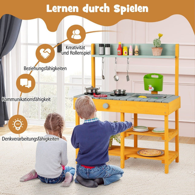 Matschküche für Kinder, Outdoor Kinderküche aus Holz mit Wasserfunktion, Spielküche mit Haken und herausnehmbarem Regal, Orange