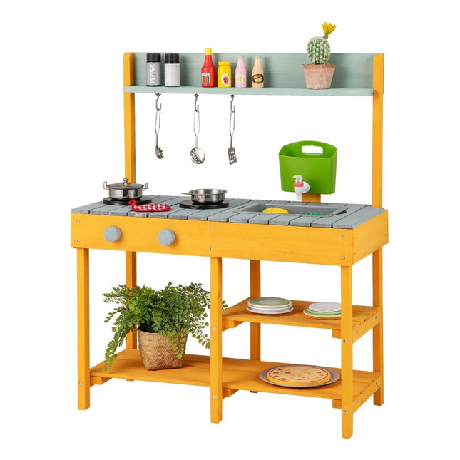 Matschküche für Kinder, Outdoor Kinderküche aus Holz mit Wasserfunktion, Spielküche mit Haken und herausnehmbarem Regal, Orange