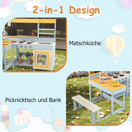 Matschküche mit Picknicktisch &amp; Bank Kinderküche Tannenholz mit Dessertzubehör Küchengeschirr Grau