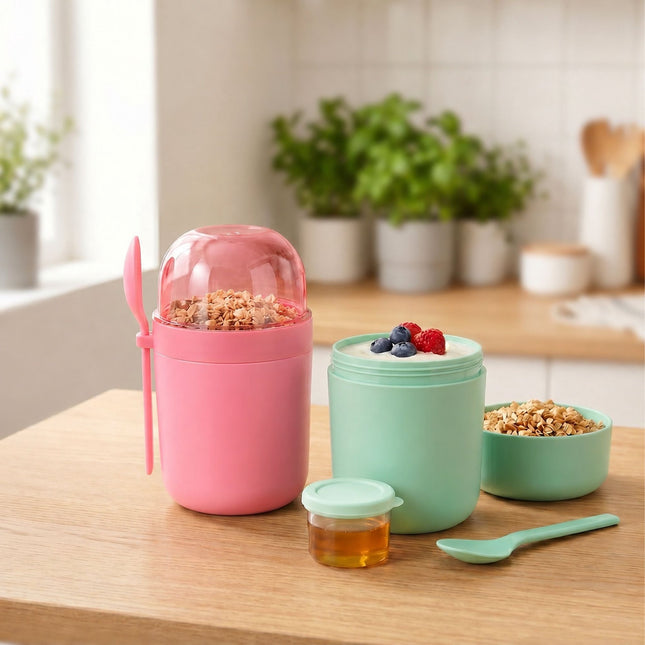 Müsli-Becher für unterwegs, 4er-Pack, BPA-frei, mit Löffel