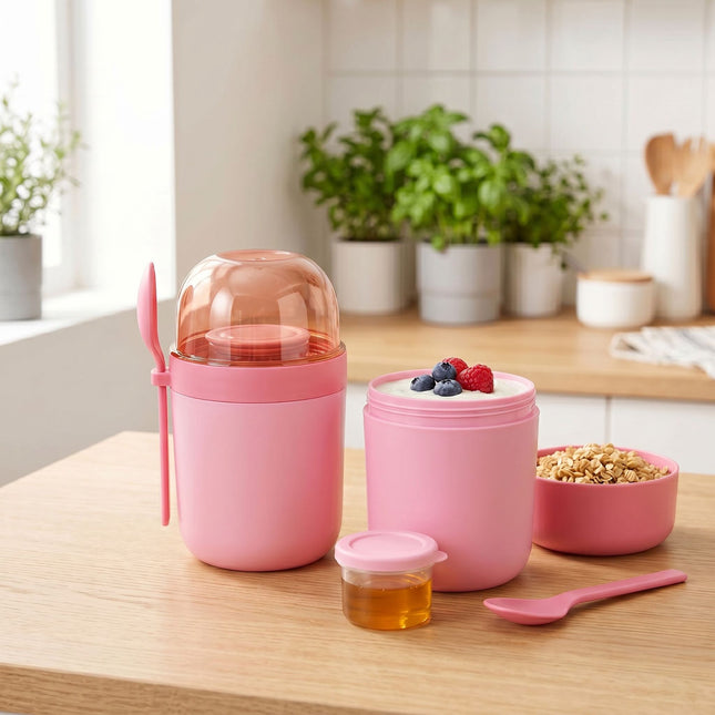 Müsli-Becher mit Löffel, 4er-Pack, Pink