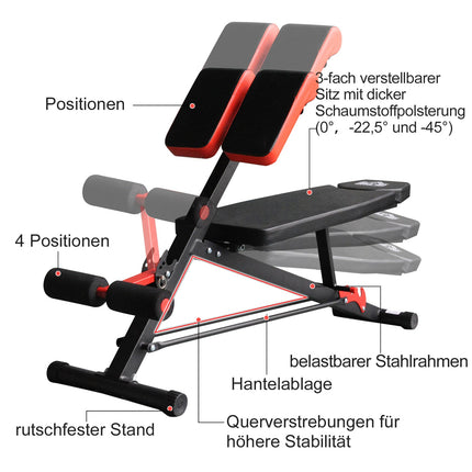 Verstellbare Hantelbank, schwarz, Schrägbank- und Bauchtrainer