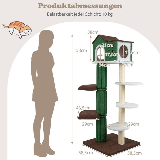 Víceúrovňové škrabadlo, stabilní kočičí škrabadlo se sisalovými škrabadly a 5 plyšovými plošinami, kočičí nábytek 153cm