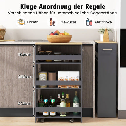 Schmaler 4-stöckiger Küchenrollwagen, 20 cm breit, grau, auf Rollen
