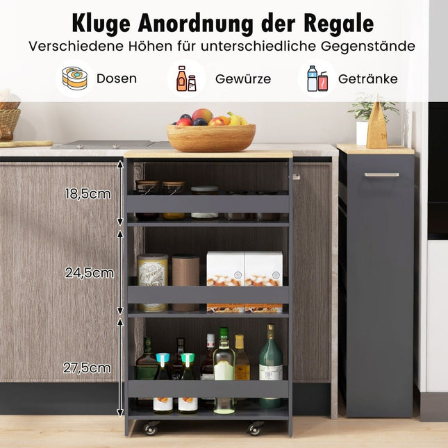 Schmaler 4-stöckiger Küchenrollwagen, 20 cm breit, grau, auf Rollen