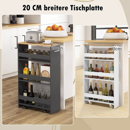 Schmaler 4-stöckiger Küchenrollwagen, 20 cm breit, grau, auf Rollen
