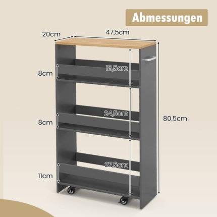 Schmaler 4-stöckiger Küchenrollwagen, 20 cm breit, grau, auf Rollen