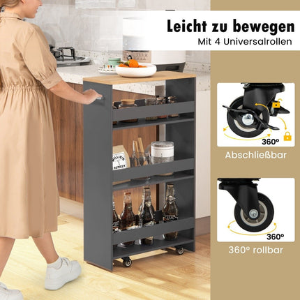 Schmaler 4-stöckiger Küchenrollwagen, 20 cm breit, grau, auf Rollen