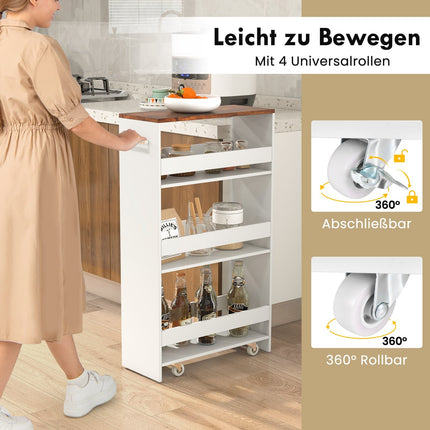 Schmaler Küchenwagen auf Rollen mit 4 Ablagen, 20 cm breit, weiß