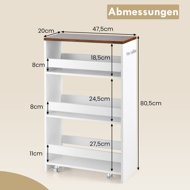 Schmaler Küchenwagen auf Rollen mit 4 Ablagen, 20 cm breit, weiß