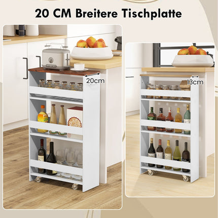 Schmaler Küchenwagen auf Rollen mit 4 Ablagen, 20 cm breit, weiß