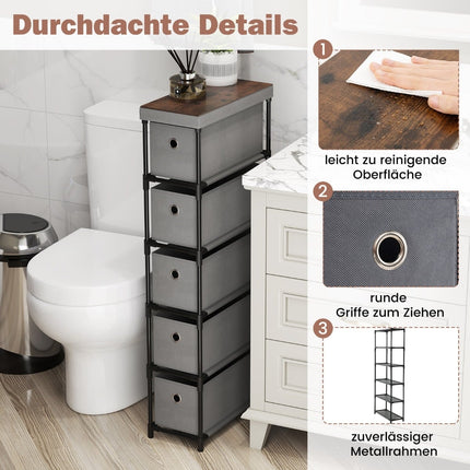 Schmaler Rollcontainer mit 5 Schubladen, Metallrahmen, Holzplatte