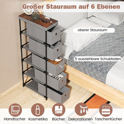Schmaler Rollcontainer mit 5 Schubladen, Metallrahmen, Holzplatte