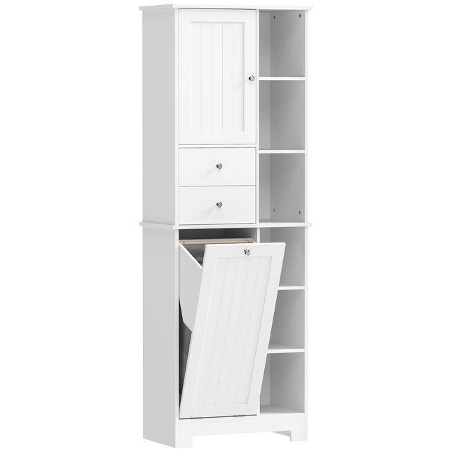 Schmaler Badezimmerschrank mit Wäschesammler, 2 Schubladen, Weiß