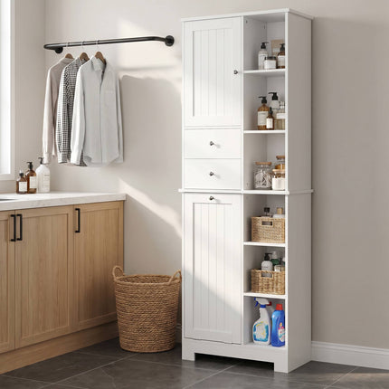 Narrow Bathroom Cabinet With Hamper, 2 Drawers, White