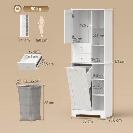 Narrow Bathroom Cabinet With Hamper, 2 Drawers, White