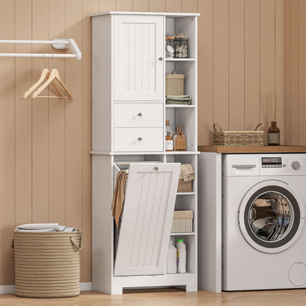 Narrow Bathroom Cabinet With Hamper, 2 Drawers, White