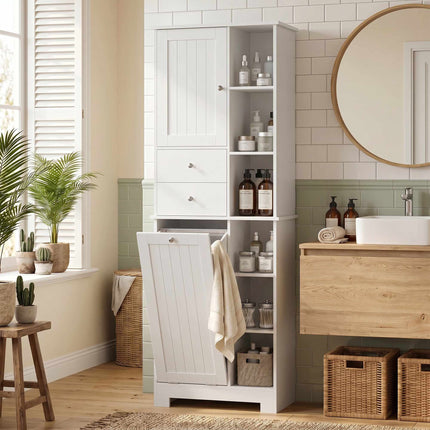 Narrow Bathroom Cabinet With Hamper, 2 Drawers, White