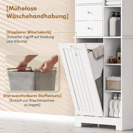 Narrow Bathroom Cabinet With Hamper, 2 Drawers, White