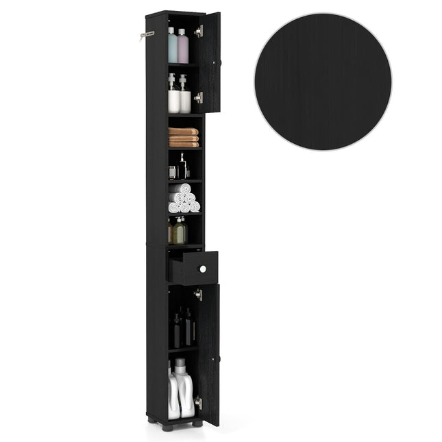 Schmaler Badezimmerschrank mit verstellbaren Einlegeböden, Schwarz MDF