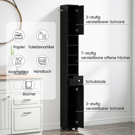 Schmaler Badezimmerschrank mit verstellbaren Einlegeböden, Schwarz MDF
