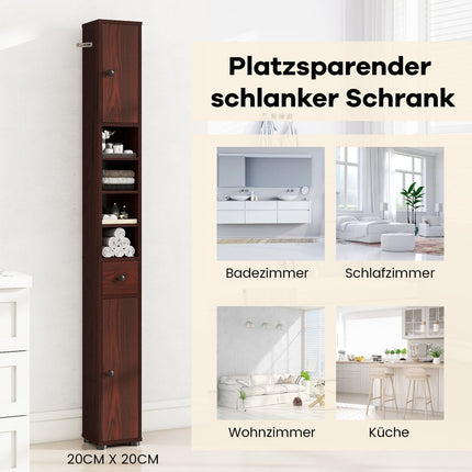 Schmaler Badezimmerschrank mit verstellbaren Einlegeböden, Schublade