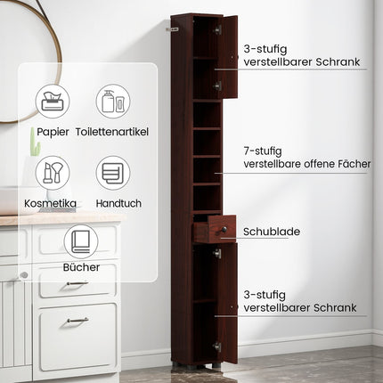 Schmaler Badezimmerschrank mit verstellbaren Einlegeböden, Schublade