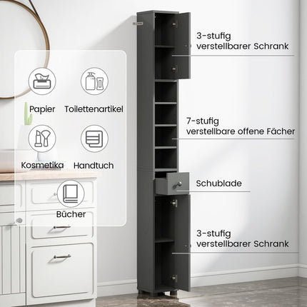 Schmaler Badezimmerschrank mit verstellbaren Einlegeböden, Grau