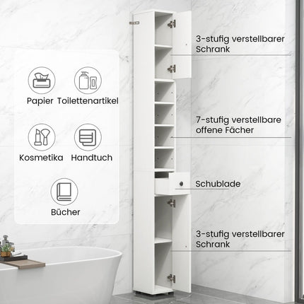 Schmaler Badezimmerschrank mit verstellbaren Einlegeböden, Weiß