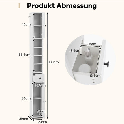 Schmaler Badezimmerschrank mit verstellbaren Einlegeböden, Weiß