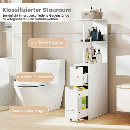 Schmaler Badezimmerschrank mit Regalen & Schublade, 45x20x114 cm