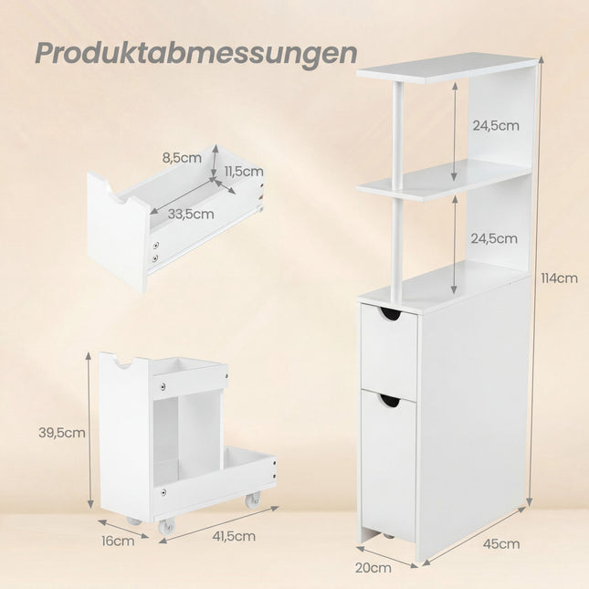 Narrow Bathroom Cabinet with Shelves & Drawer, 45x20x114 cm