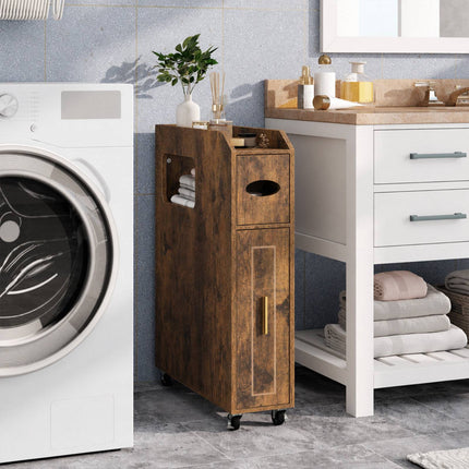 Narrow Brown Bathroom Cabinet with Drawer and Tissue Box