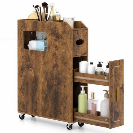 Narrow Brown Bathroom Cabinet with Drawer and Tissue Box