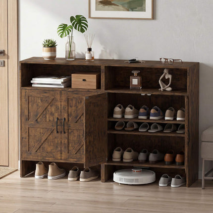 Narrow Brown Shoe Storage Cabinet with Open Shelf