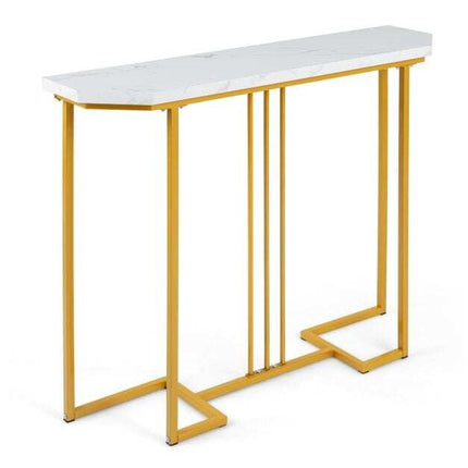 Narrow Console Table, White Marble Top, Gold Geometric Frame