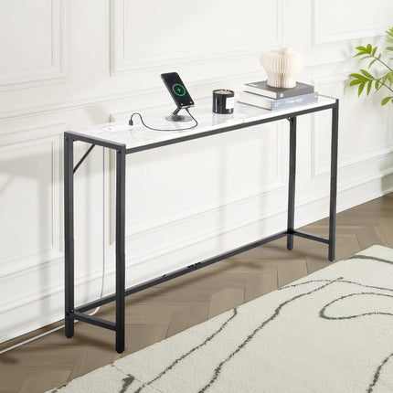 Narrow Faux Marble Console Table With Power Outlet, Metal Frame