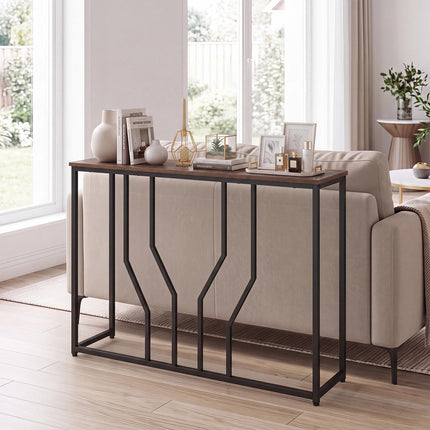 Narrow Rustic Brown Console Table, Metal Frame, 110x30x80 cm