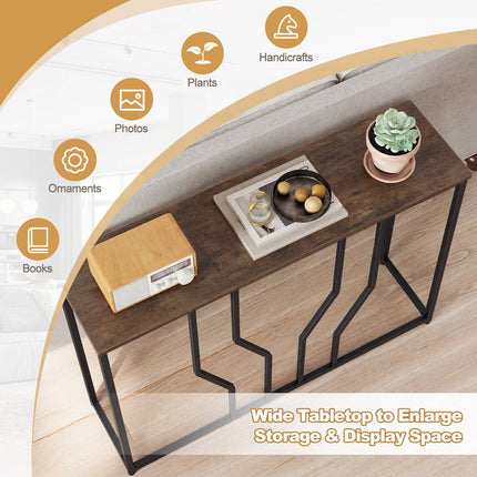 Narrow Rustic Brown Console Table, Metal Frame, 110x30x80 cm