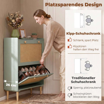 Narrow Shoe Cabinet with 2 Flip Drawers for 12 Pairs, Light Green, Rattan Look