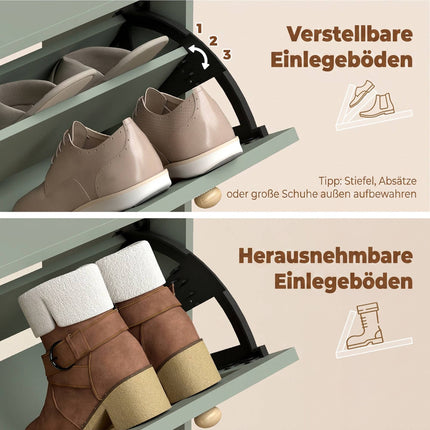 Narrow Shoe Cabinet with 2 Flip Drawers for 12 Pairs, Light Green, Rattan Look