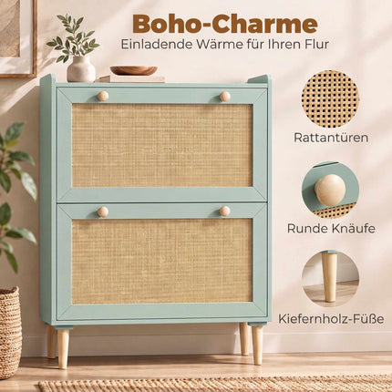 Narrow Shoe Cabinet with 2 Flip Drawers for 12 Pairs, Light Green, Rattan Look