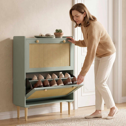 Narrow Shoe Cabinet with 2 Flip Drawers for 12 Pairs, Light Green, Rattan Look