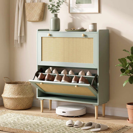 Narrow Shoe Cabinet with 2 Flip Drawers for 12 Pairs, Light Green, Rattan Look