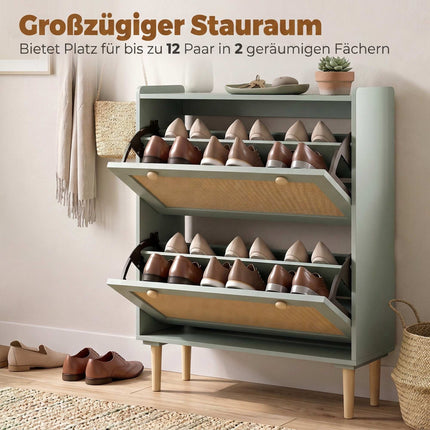 Narrow Shoe Cabinet with 2 Flip Drawers for 12 Pairs, Light Green, Rattan Look