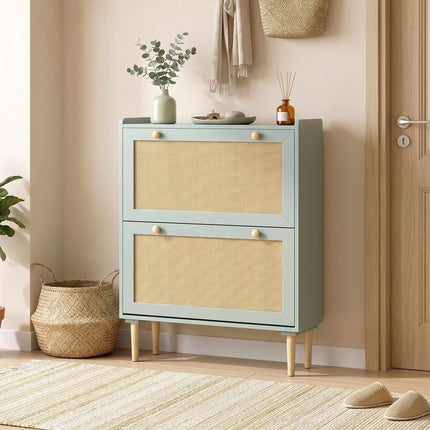 Narrow Shoe Cabinet with 2 Flip Drawers for 12 Pairs, Light Green, Rattan Look