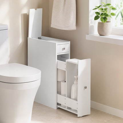 Narrow White Bathroom Cabinet with 2 Drawers, MDF 16x48x58 cm
